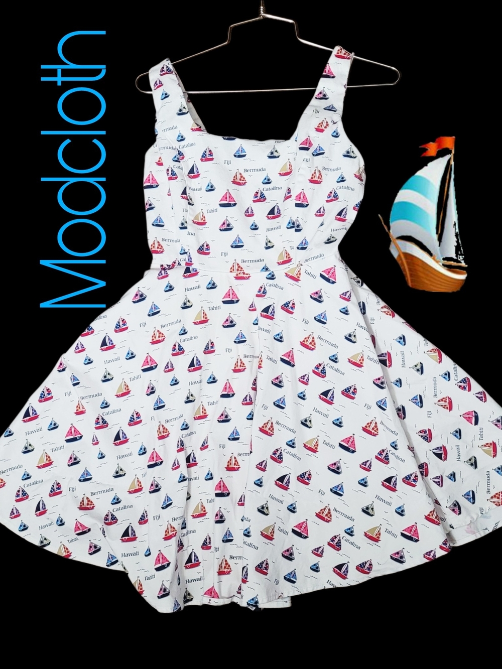 ModCloth White Nautical Sailboat Retro Nautical Fit & Flare Dress